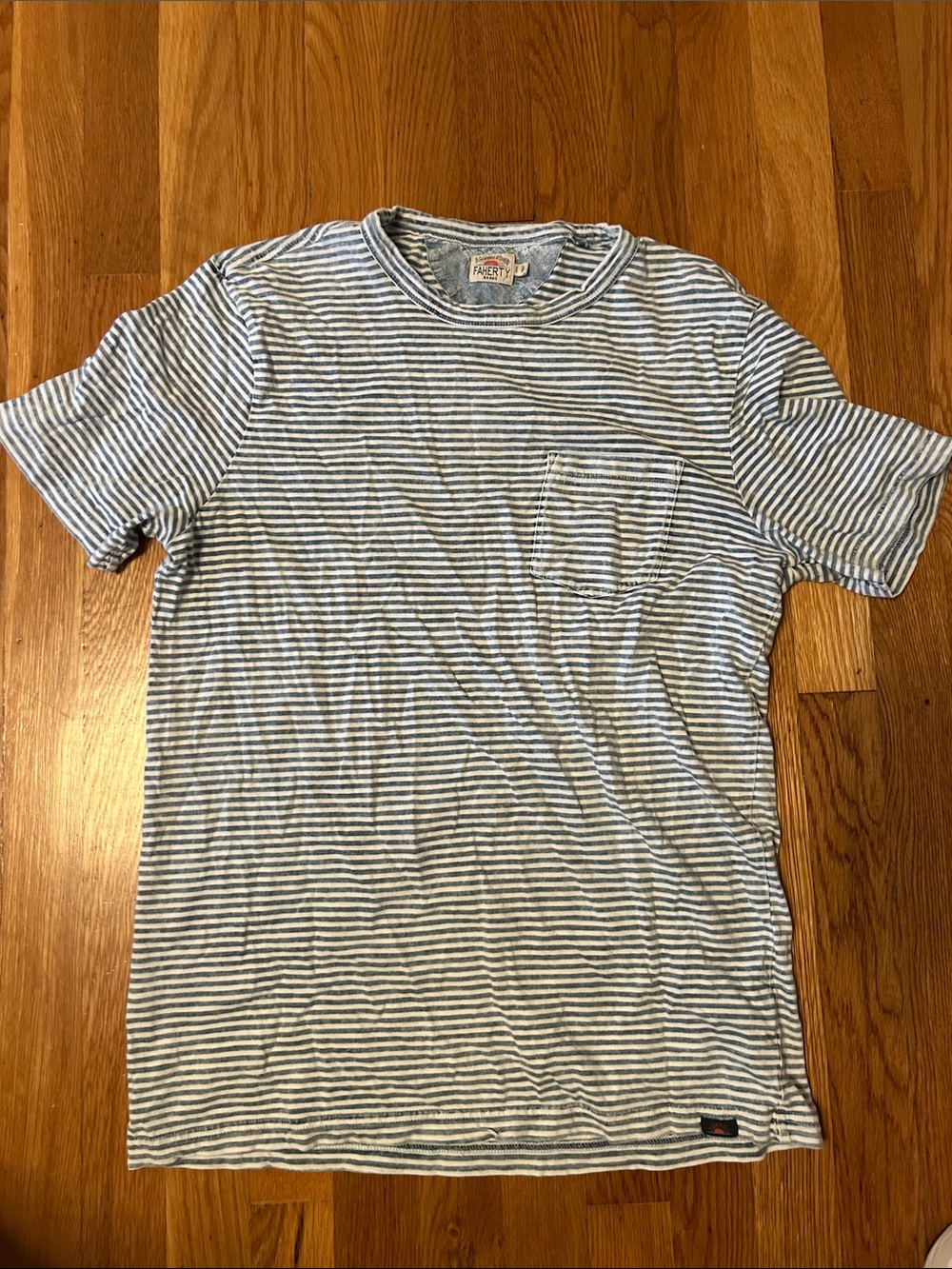 Faherty Thin Blue and White Striped Crew Tee